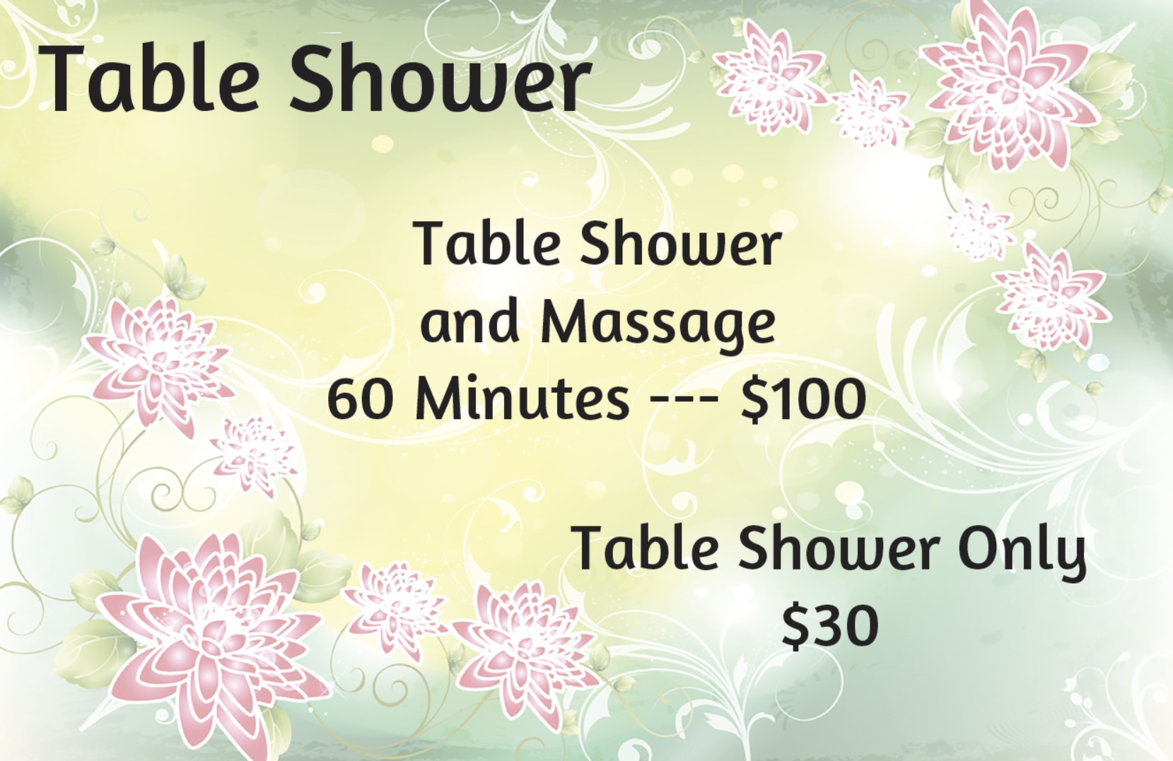 Table shower service options and prices at Five Points Massage